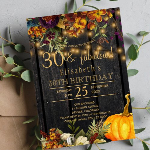 Fall rusty flowers rustic chic 30 fabulous years invitation