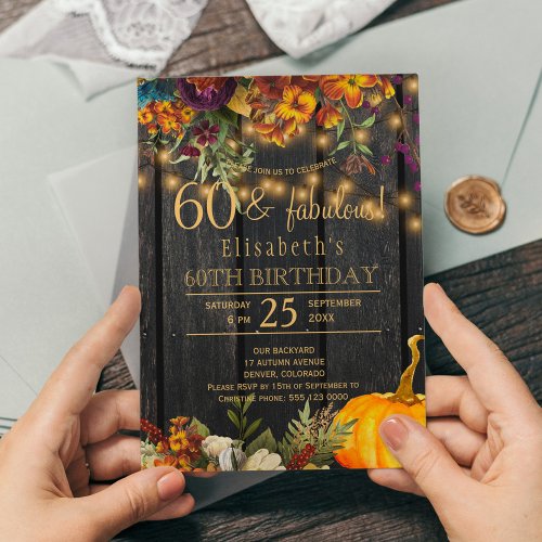 Fall rusty flowers rustic chic 60 fabulous years invitation