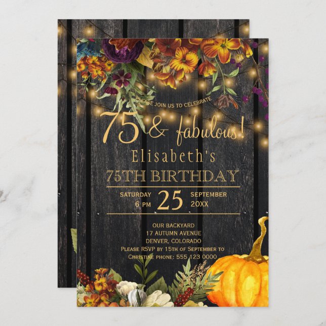 Fall rusty flowers rustic chic 75 fabulous years invitation (Front/Back)