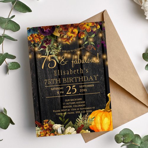 Fall rusty flowers rustic chic 75 fabulous years invitation