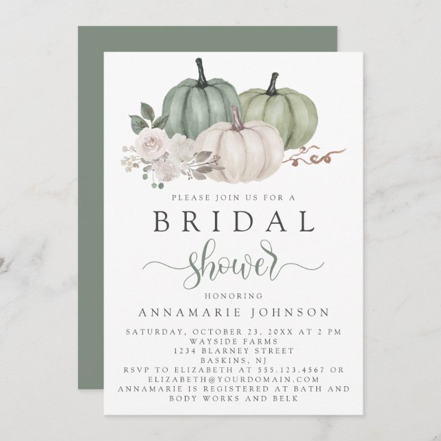 Fall Sage Green and White Pumpkin Floral Bridal Invitation (Front/Back)