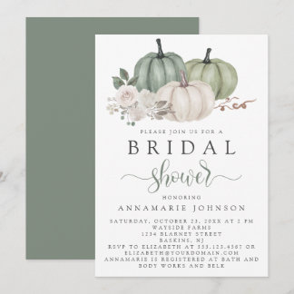 Fall Sage Green and White Pumpkin Floral Bridal Invitation