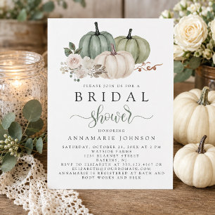 Fall Sage Green and White Pumpkin Floral Bridal Invitation