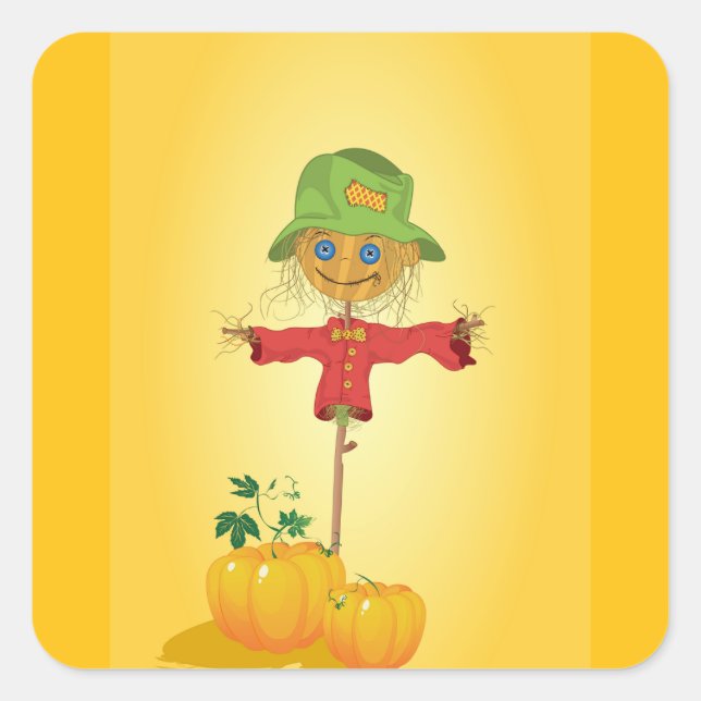 Fall Scarecrow and Pumpkins Autumn Harvest Square Sticker (Front)
