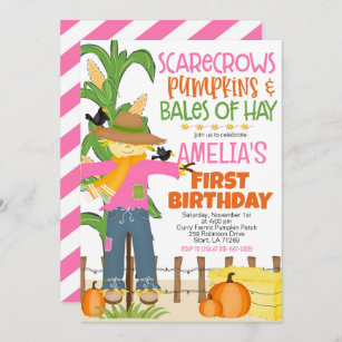 Fall Scarecrow Pumpkin Girl Birthday Invitation