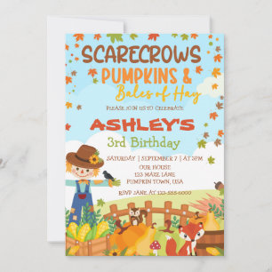 FALL SCARECROWS PUMPKINS & BALES OF HAY BIRTHDAY INVITATION