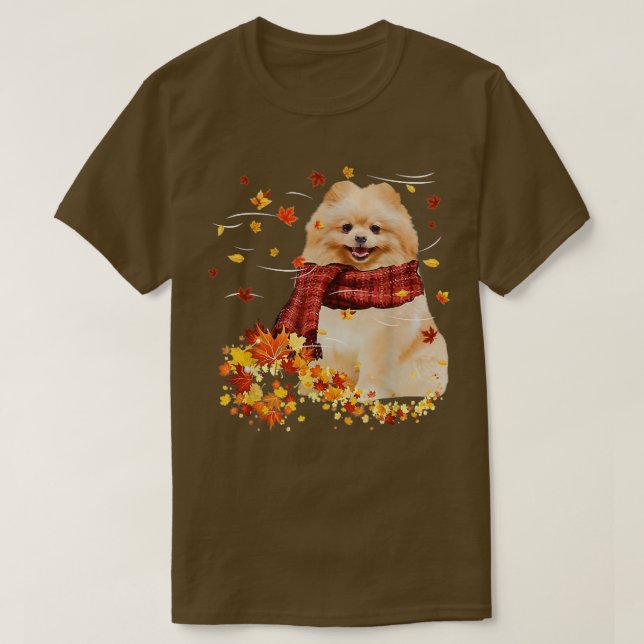 Fall ScarfPomeranian Dog Autumn Falling Leaves  T-Shirt (Design Front)