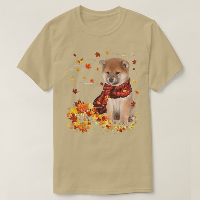 Fall ScarfShiba Inu Dog Autumn Falling Leaves  T-Shirt (Design Front)