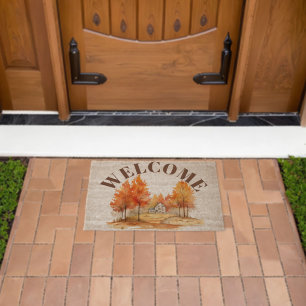 Fall sceenery with house and trees WELCOME  Fiber Doormat