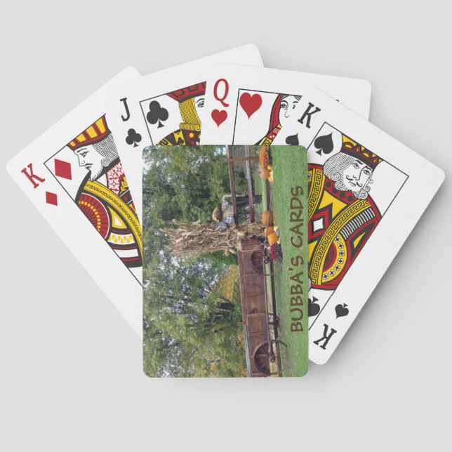 Fall Scene Old-Time Farm Cart, Scarecrow, Pumpkins Poker Cards (Back)