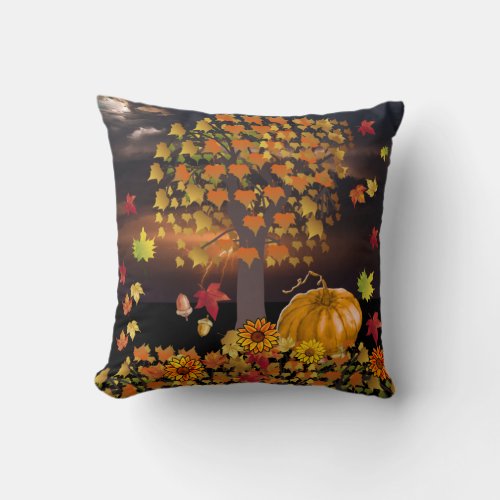 Fall Scene on Front Autumn Leaves Stripes on Back Throw Pillow