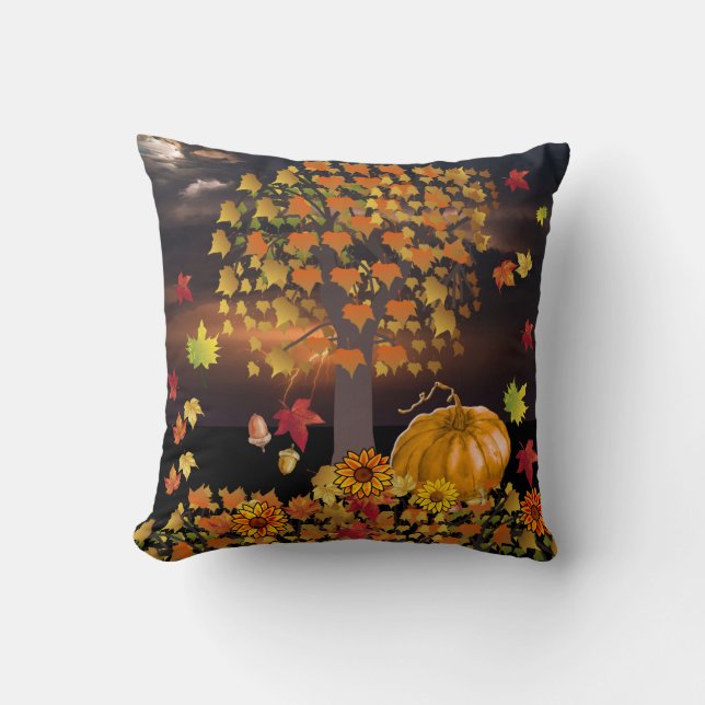 Fall Scene on Front Autumn Leaves Stripes on Back Throw Pillow (Front)