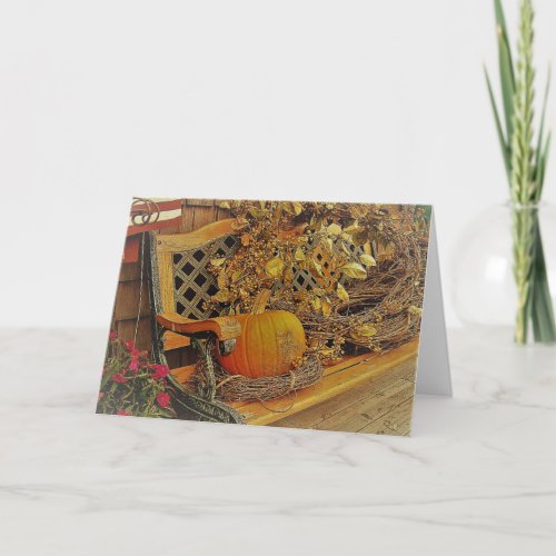 Fall Scene  Pumpkin  Bittersweet Vine On Bench Card