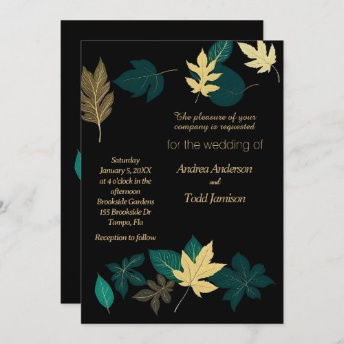 Fall season black green gold wedding invitation