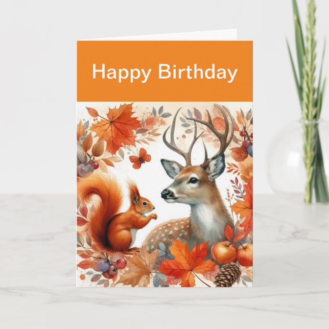 Fall Season Deer and Leaves Birthday Greeting Card (Front)