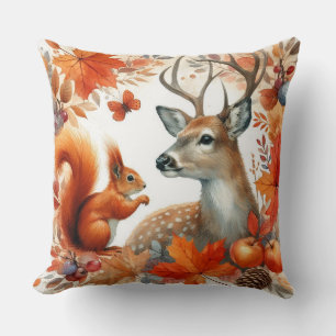 Fall Season Deer Squirrel and Orange Leaves Throw Pillow