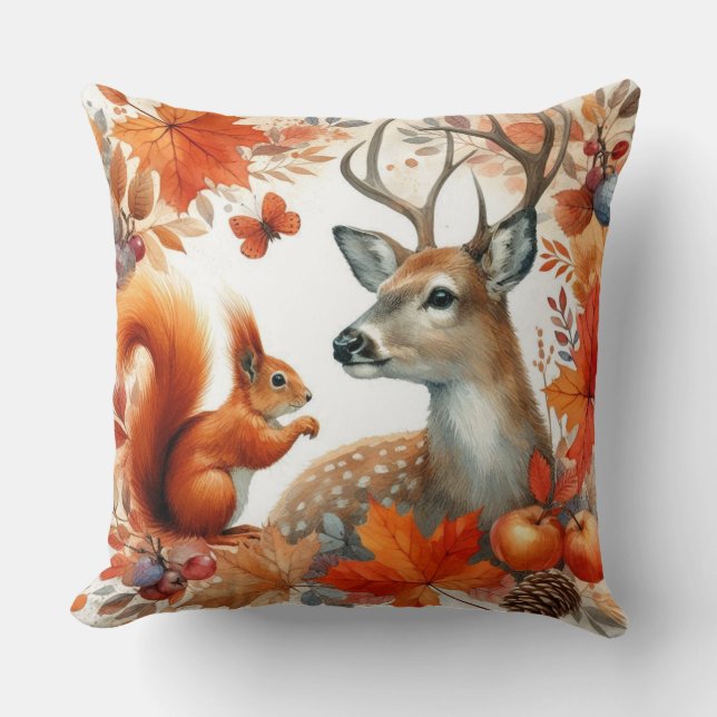 Fall Season Deer Squirrel and Orange Leaves  Throw Pillow (Front)