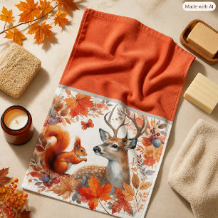 Fall Season Deer with Autumn Leaves Hand Towel