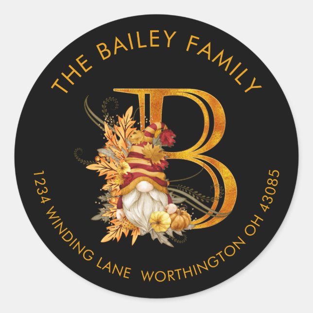 Fall Season Gnome Monogram Letter B Address Label (Front)