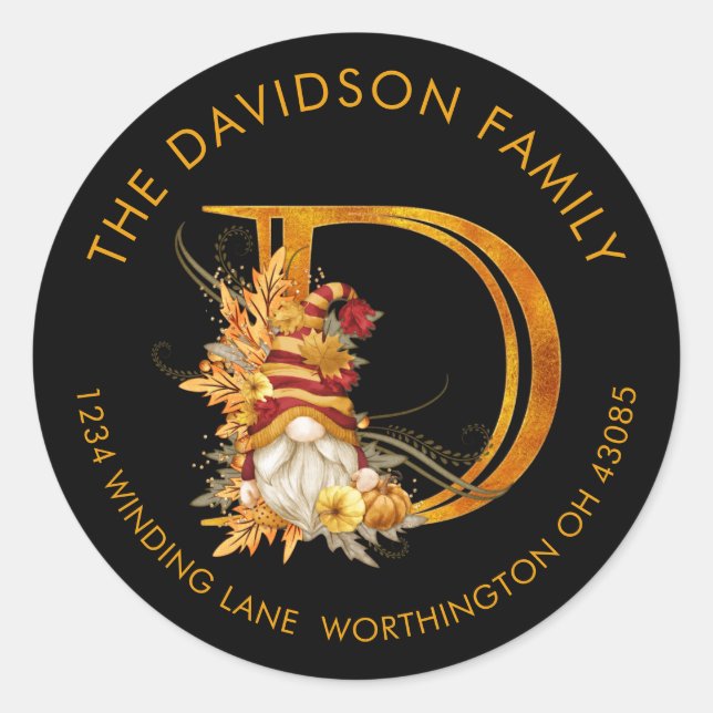 Fall Season Gnome Monogram Letter D Address Label (Front)