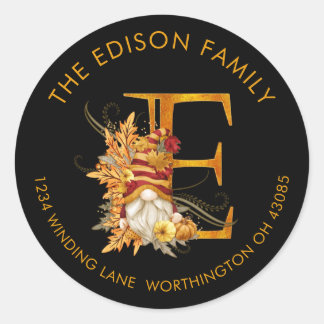 Fall Season Gnome Monogram Letter E Address Label