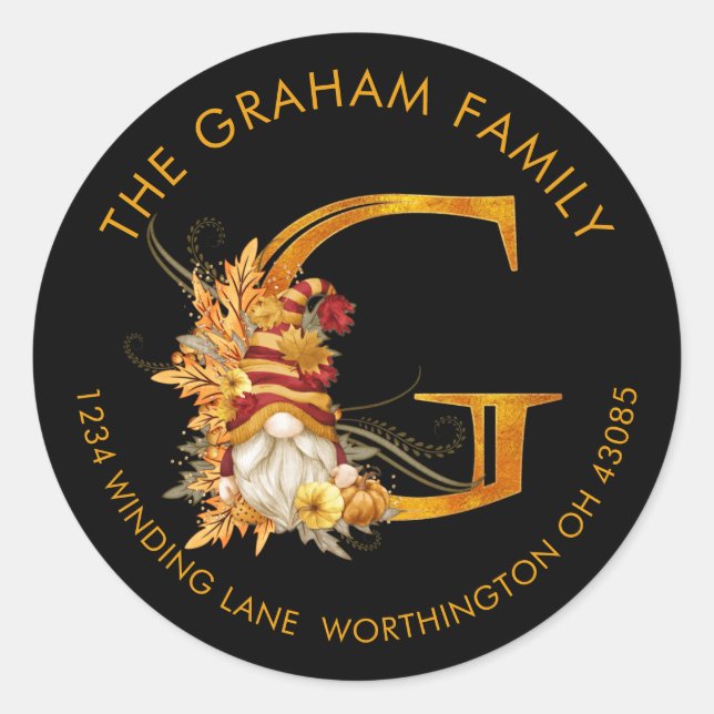 Fall Season Gnome Monogram Letter G Address Label (Front)