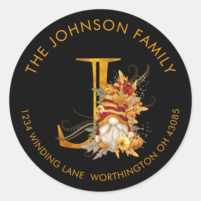 Fall Season Gnome Monogram Letter J Address Label (Front)
