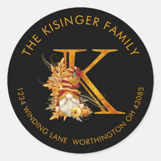 Fall Season Gnome Monogram Letter K Address Label