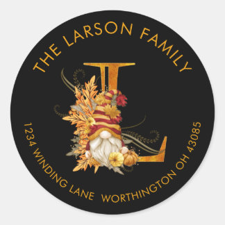 Fall Season Gnome Monogram Letter L Address Label