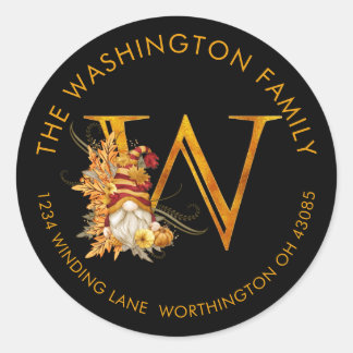 Fall Season Gnome Monogram Letter W Address Label