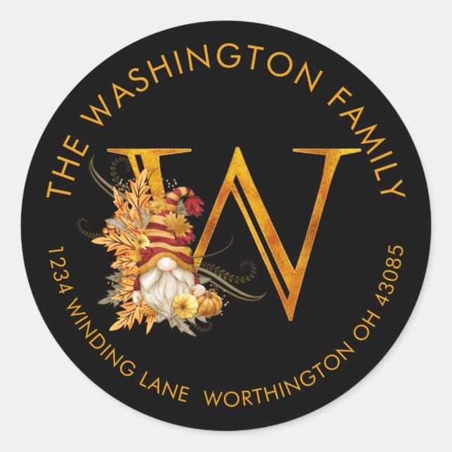 Fall Season Gnome Monogram Letter W Address Label (Front)