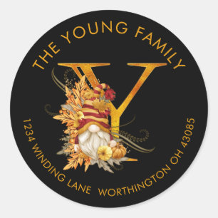 Fall Season Gnome Monogram Letter Y Address Label