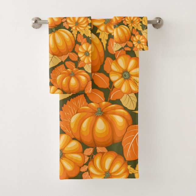 Fall Season Halloween Pumpkins Pattern Bath Towel Set (Insitu)