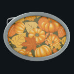 Fall Season Halloween Pumpkins Pattern Belt Buckle<br><div class="desc">Pumpkins and Autumn Fall Leaves assembled to compose a Bright Orange Thanksgiving / Halloween Joyful Pattern Design. Originally Created on Vector Graphic Art Technique,  Copyright BluedarkArt.</div>