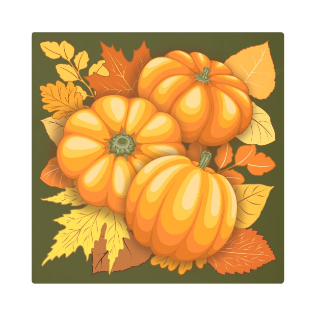 Fall Season Halloween Pumpkins Pattern Metal Print (Front)