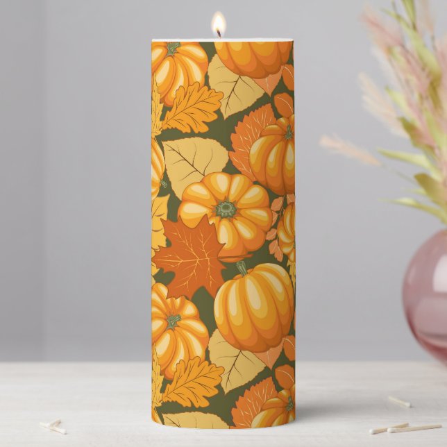 Fall Season Halloween Pumpkins Pattern Pillar Candle (In Situ)
