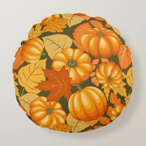 Fall Season Halloween Pumpkins Pattern Round Pillow