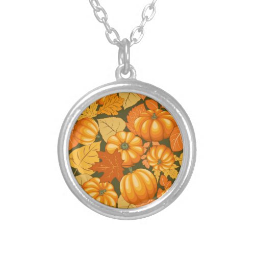 Fall Season Halloween Pumpkins Pattern Silver Plated Necklace