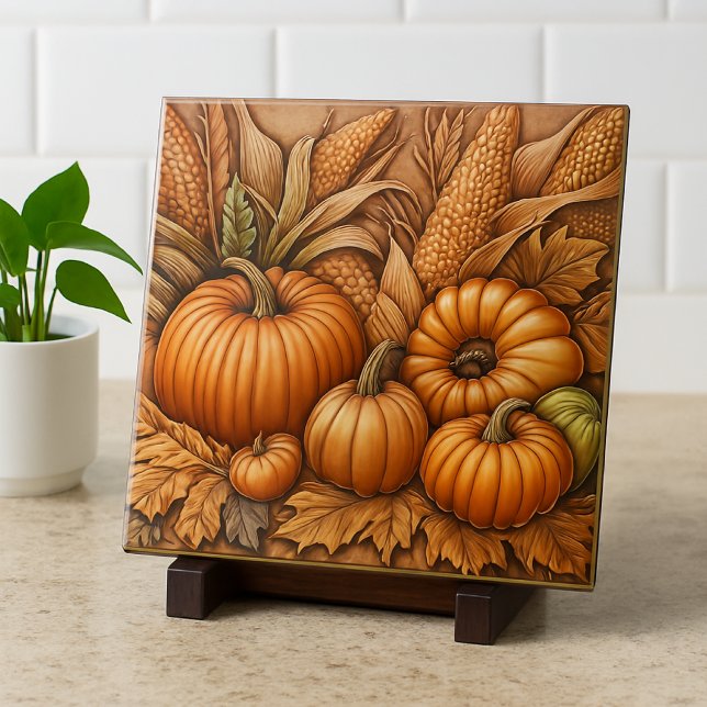 Fall Season Harvest Pumpkin and Corn  Ceramic Tile (Creator Uploaded)