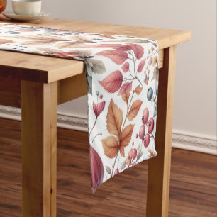 Fall Season Leaves Berries on White Short Table Runner