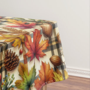 Fall Season Plaid with Autumn Leaves Tablecloth