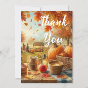 Fall Season Pumpkin and Orange Leaves Thank You Card
