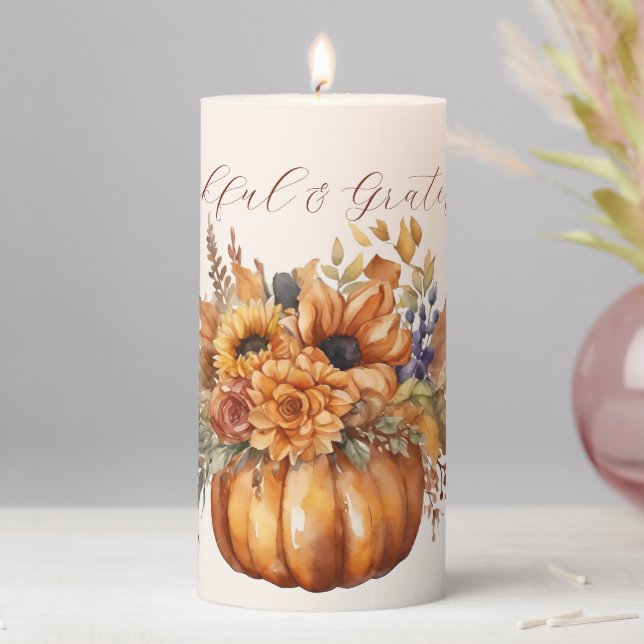 Fall Season-Pumpkin with Flowers- Thanksgiving- Pillar Candle (In Situ)