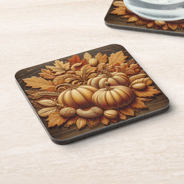 Fall Season Pumpkins and Leaves             Beverage Coaster (Left Side)