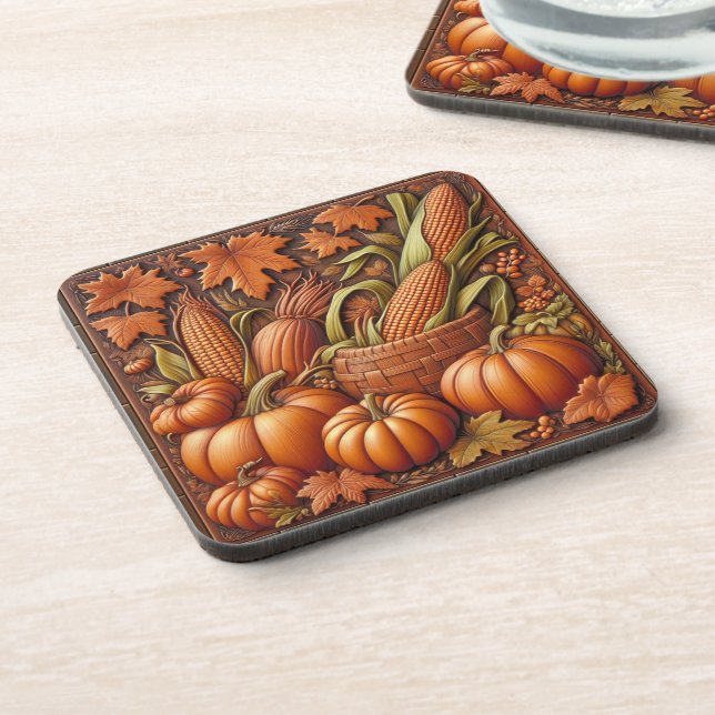 Fall Season Pumpkins Embossed           Beverage Coaster (Left Side)