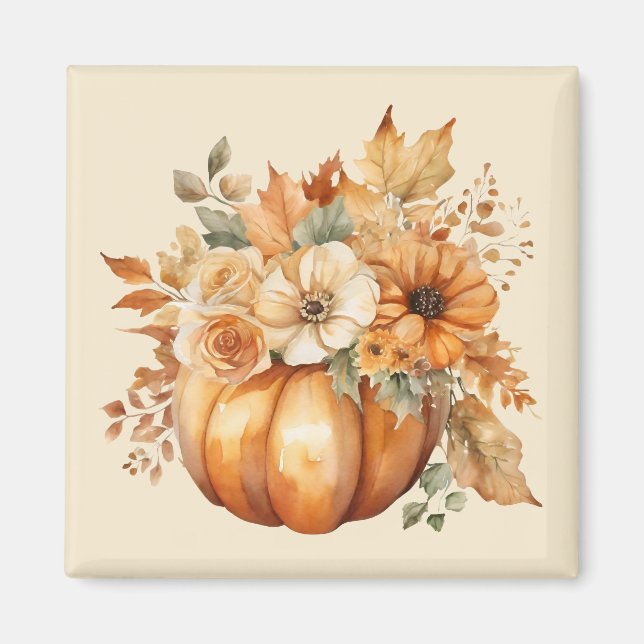 Fall Season-Watercolor Pumpkin Floral Design- Magnet (Front)