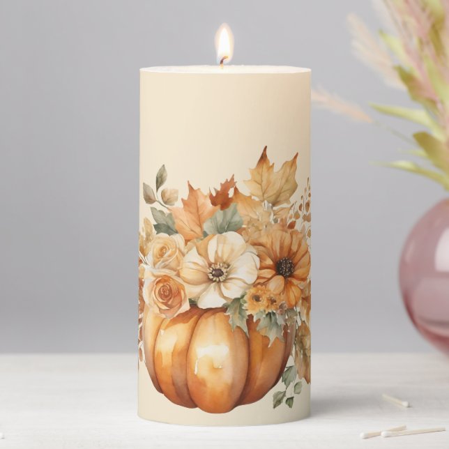 Fall Season-Watercolor Pumpkin Floral Design- Pillar Candle (In Situ)