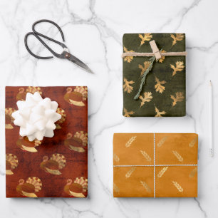 Fall Shabby Chic Golden Turkey Wheat Ears Oak Leaf Wrapping Paper Sheets