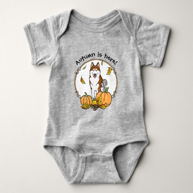 Fall Siberian Husky (red) Pumpkins Leaves Cute Baby Bodysuit (Front)