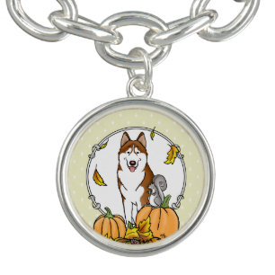 Fall Siberian Husky (red) Pumpkins Leaves Cute Bracelet